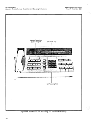 Page 106SATURN EPABX 
Attendant Console General Description and Operating Instructions A30808-X50.52-CllO-l-B919 
issue 1, December 1984 
: 
.,’ 
Standard Feature Keys 
(Factory-Assigned) 
I Call Answer Keys 
I 
Figure 3.01 
Call Answer, Call Processing, and Standard Feature Keys  Call Processing Keys 
3-4  