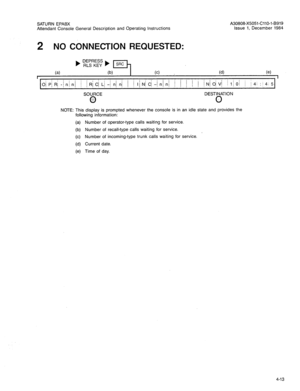 Page 128SATURN EPABX 
Attendant Console General Description and Operating Instructions A30808-X5051-CllO-l-8919 
Issue 1, December 1984 
2 NO CONNECTION REQUESTED: 
(a) (b) w (4 (e) 
t 
o/pJRi-injnj / /Rici~i--jn/n/ j / IiN/Ci-inin/ j i / i I !N/OjVi liioi 1 j4;::4,5 
SOURCE 
@ DESTINATION 
0 
NOTE: This display is prompted whenever the console is in an idle state and provides the 
following information: 
(a) Number of operator-type calls waiting for service. 
(b) Number of recall-type calls waiting for service....