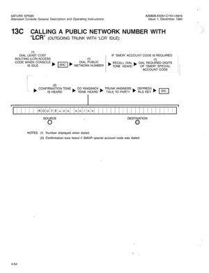 Page 169SATURN EPABX A30808-X5051-CllO-l-6919 
Attendant Console General Description and Operating Instructions Issue 1, December 1984 
13c CALLING A PUBLIC NETWORK NUMBER WITH 
‘LCR’ 
(OUTGOING TRUNK WITH ‘LCR’ IDLE): 
(‘1 
DIAL LEAST COST IF ‘SMDR’ ACCOUNT CODE IS REQUIRED 
ROUTING (LCR) ACCESS 
(1) 
CoDE w,;:;~Nso” ) rsRC[ ) NEz&Ry;;;BER ) ;;;;LiL&;; ) D&LPEPEkD;~S 
ACCOUNT CODE 
(2) 
b CONFIRMATION TONE 
b CO RINGBACK TRUNK ANSWERS 
IS HEARD TONE HEARD ) TALK TO PARTY ) Ey:Esv” ) m 
I 
SOURCE DESTINATION 
0...