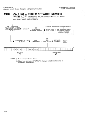 Page 171SATURN EPABX A30808-X5051-CllO-l-B919 
Attendant Console General Description and Operating Instructions Issue 1, December 1984 
13D2 CALLING A PUBLIC NETWORK NUMBER 
WITH ‘LCR’ 
(OUTGOING TRUNK GROUP WITH ‘LCR’ BUSY - 
CALLBACK QUEUING DESIRED): 
(1) DIAL LEAST COST IF ‘SMDR’ ACCOUNT CODE IS REQUIRED 
;g;T:~$gyg;g~:; b pq b (1) 
(1) 
DIAL PUBLIC 
b RECALL DIAL ) DIAL REQUIRED DIGITS 
IS IDLE NETWORK NUMBER 
TONE HEARD OF ‘SMDR’ SPECIAL 
ACCOUNTCODE 
(2) CONFIRMATION TONE 
IS HEARD ) TON!%ARD ) TONE’%ARD...