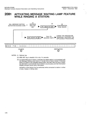 Page 185SATURN EPABX A30808-X5051-CllO-l-B919 
Attendant Console General Description and Operating Instructions 
issue 1, December 1984 
20Bl ACTIVATING MESSAGE WAITING LAMP FEATURE 
WHILE RINGING A STATION: 
(1) DIAL MESSAGE WAITING 
DEPRESS (2) 
ACTIVATION ACCESS CODE Or (3) 
MSG SET 
KEY 
(USING THE PROCEDURE 
. 
M/S!4 lb4 I In/M j I I ! j 1 I j I I I I / I I ! / i / I / I j ! I I j ’ 
SOURCE 
@ DESTINATION 
Q 
NOTES: (1) Optional key. 
(2) MSG SET key is steadily lit for only 1% seconds. 
(3) If a timed NAK...