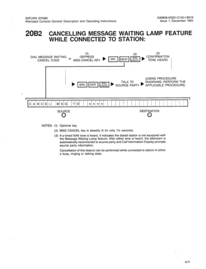 Page 186SATURN EPABX A30808-X5051-CllO-l-B919 
Attendant Console General Description and Operating Instructions Issue 1, December 1984 
20B2 CANCELLING MESSAGE WAITING LAMP FEATURE 
WHILE CONNECTED TO STATION: 
(USING PROCEDURE 
DIAGRAMS, PERFORM THE 
APPLICABLE PROCEDURE) 
DESTINATION 
@ 
NOTES: (1) Optional key. 
(2) MSG CANCEL key is steadily lit for only lV2 seconds. 
(3) If a timed NAK tone is heard, it indicates the dialed station is not equipped with 
the Message Waiting Lamp feature. After either tone is...