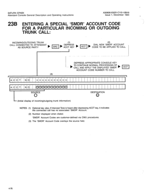 Page 191SATURN EPABX A30808-X5051-CllO-l-B919 
Attendant Console General Description and Operating Instructions Issue 1, December 1984 
n 
23B ENTERING A SPECIAL ‘SMDR’ ACCOUNT CODE 
FOR A PARTICULAR INCOMING OR OUTGOING 
TRUNK CALL: 
INCOMING/OUTGOING TRUNK 
(1) (2) DIAL NEW ‘SMDR’ ACCOUNT 
CODE TO BE APPLIED TO CALL 
(3) DEPRESS APPROPRIATE CONSOLE KEY 
b TO CONTINUE NORMAL PROCESSING OF 
CALL AND APPLY THE DISPLAYED ‘SMDR 1) 
ACCOUNT CODE NUMBER TO CALL 
I 
- 
AiC/CiT/ jNl0i.i /n~n)n/n/nlnln(nlnlnjn/ / / ! /...