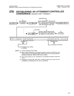 Page 196SATURN EPABX 
Attendant Console General Description and Operating Instructions 
275 ESTABLISHING AN ATTENDANT-CONTROLLED 
CONFERENCE 
(SOURCE PARTY PRESENT): 
(1) 
DIAL NUMBER (PROCEDURE) (2) UPON ANSWER BY THE CALLED 
PARTY AND AFTER ANNOUNCING , ~ISRCEI; 
THE CONFERENCE, DEPRESS 
THE APPLICABLE CONF KEY 
I 
(3) 
REPEATABOVE PROCEDURE 
(4) 
FOR ADDITIONAL PARTY(IES) TO 
b DEPRESS 
BE ADDED TO CONFERENCE ATT RLS KEY 
I 
i I 
lA~T~T/-~clOiN!Fi lE~N/T/EiR/E~DI / / 1 j / j / 1 / IX/X~XjXlXiXlXlX~ /x/x/xixix...