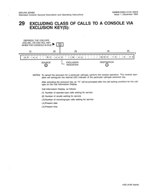 Page 198SATURN EPABX 
Attendant Console General Description and Operating Instructions A30808-X5051-CllO-l-B919 
Issue 1, December 1984 
29 EXCLUDING CLASS OF CALLS TO A CONSOLE VIA 
EXCLUSION KEY(S): 
DEPRESS THE EXE-OPR, 
EXC-INC, OR EXC-RCL KEY 
WHEN THE CONSOLE IS IDLE b 
(1) (2) (3) (4) (5) 
I I 
/OipI-inin i 1 lR!C-I /  n/t-IX1 / 1 IINI-Inin 1 j / 1 / lNiO!V 11iOi I /41:14j51 
I 
L EXCLUSION 
INDICATION DESTINATION 
@ 
NOTES: To cancel the exclusion for a particular call-type, perform the reverse...