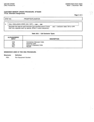 Page 222SATURN EPABX A30808-X5051-E120-l-B919 
CMU Procedures issue 1, December 1984 
CUSTOMER MEMORY UPDATE PROCEDURE: ATTASSN 
TITLE: Attendant Assignments 
STEP NO. PROMPT/EXPLANATION Page 2 of 2 
5. CALL EXCLUSION STATE (ON / OFF) = aaa . . . aaa 
Requests new state for each exclusion type specified above. If more 
aaa = exclusion state: ON or OFF. 
than one, separate each by spaces. (Enter in same sequence.) 
Table 303.1 Call Exclusion Types 
ALPHANUMERIC 
INPUT 
CAS 
INC 
OPR 
RCL Centralized Attendant...