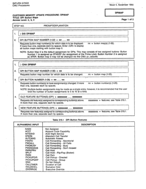 Page 256SATURN EPABX 
CMU Procedures . ..---u . . . ..a - -. Issue 4, November l&5 
CUSTOMER MEMORY UPDATE PROCEDURE: QPIMAP 
TITLE: DPI Button Maps 
Access Level: 2, 3, 4 Page 1 of 2 
STEP NO. PROMPT/EXPLANATION 
I 
1. 
2. ) DIS DPIMAP 
DPI BUTTON MAP NUMBER (1-32) = nn . . . nn 
Requests button map number(s) for which data is to be displayed. 
nn = button map(s) (l-32). 
If more than one, separate each by spaces. Enter (CR) to display 
all button maps starting with button map 0. 
NOTE: Button Map 0 is the...