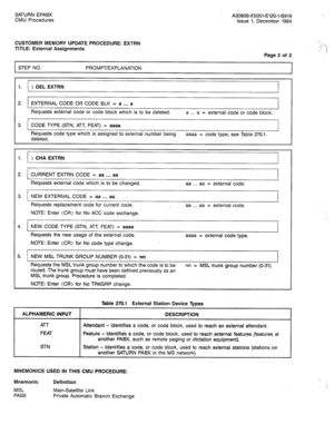 Page 262SATURN EPABX 
CMU Procedures A30808-X5051-E120-l-B919 
Issue 1, December 1984 
CUSTOMER MEMORY UPDATE PROCEDURE: EXTRN 
TITLE: External Assignments 
Page 2 of 2 
STEP NO. PROMPT/EXPLANATION 
1. 1 ) DEL EXTRN 
I 
I 
I 
I I 
2. EXTERNAL CODE OR CODE BLK = a . . . a 
Requests external code or code block which is to be deleted. a . . . 
a = external code or code block. 
3. CODE TYPE (STN, ATT, FEAT) = aaaa 
Requests code type which is assigned to external number being 
deleted. aaaa = code type; see Table...