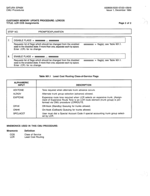 Page 272SATURN EPABX 
A30808-X5051-E120-l-B919 
CMU Procedures issue 1, December 1984 
CUSTOMER MEMORY UPDATE PROCEDURE: LCRCOS 
TITLE: LCR COS Assignments Page 2 of 2 
STEP NO. PROMPT/EXPLANATION 
7. DISABLE FLAGS = aaaaaaaa . . . aaaaaaaa 
I 
Requests list of flags which should be changed from the enabled 
state to the disabled state. If more than one, separate each by space. 
Enter (CR) for no change. aaaaaaaa = flag(s); see Table 901.1. 
8. 1 ENABLE FLAGS = aaaaaaaa . . . aaaaaaaa 
I 
Requests list of flags...