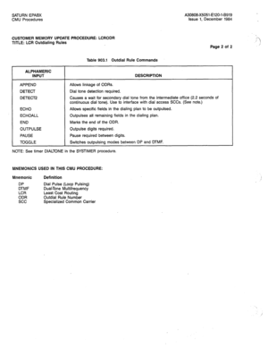 Page 276SATURN EPABX A30808-X5051-E120-l-8919 
CMU Procedures Issue 1, December 1984 
CUSTOMER MEMORY UPDATE PROCEDURE: LCRODR 
TITLE: LCR Outdialing Rules 
Page 2 of 2 
Table 903.1 Outdial Rule Commands 
ALPHAMERIC 
INPUT DESCRIPTION 
APPEND Allows linkage of ODRs. 
DETECT Dial tone detection required. 
DETECT2 Causes a wait for secondary dial tone from the intermediate office (2.2 seconds of 
continuous dial tone). Use to interface with dial access SCCs. (See note.) 
ECHO Allows specific fields in the dialing...