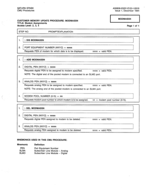 Page 283SATURN EPABX 
CMU Procedures A30808-X5051-E120-l-8919 - 
Issue 1, December 1984 
CUSTOMER MEMORY UPDATE PROCEDURE: MODMASSN 
TITLE: Modem Assignments 
Access Level: 2, 3, 4 
STEP NO. PROMPT/EXPLANATION Page 1 of 1 
1. > DIS MODMASSN 
2. PORT EQUIPMENT NUMBER (WXYZ) = nnnn 
Requests PEN of modem for which data is to be displayed. nnnn = valid PEN. 
1. > ADD MODMASSN 
2. DIGITAL PEN (WXYZ) = nnnn 
Requests digital PEN to be assigned to modem specified. nnnn = valid PEN. 
NOTE: The digital end of the pooled...