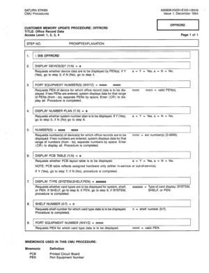 Page 288SATURN EPABX A30808-X5051-E120-l-8919 - 
CMU Procedures Issue 1, December 1984 
CUSTOMER MEMORY UPDATE PROCEDURE: OFFRCRD 
TITLE: Office Record Data 
I OFFRCRD 
I 
Access Level: 1, 2, 3, 4 Page 1 of 1 
STEP NO. PROMPT/EXPLANATION 
I 
1. 
2. 
3. 
4. 
5. 
6. 
7. 
8. 
9. ) DIS OFFRCRD 
DISPLAY DEVICE(S)? (Y,N) = a 
Requests whether device data are to be displayed by PEN(s). If Y a = Y = Yes, a = N = No. 
(Yes), go to step 3; if N (No), go to step 4. 
PORT EQUIPMENT NUMBER(S) (WXYZ) = nnnn nnnn 
Requests PEN...