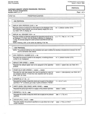 Page 2901.’ ) DIS PROTOCOL  SATURN EPABX 
CMU Procedures A30808-X5051-t120-2-tiY19 
issue 2, March 1986 
CUSTOMER MEMORY UPDATE PROCEDURE: PROTOCOL 
TITLE: Protocol Assignments 
Access Level: 2, 3, 4 
STEP NO. PROMPT/EXPLANATION Page 1 of 5 
2. DISPLAY DATA PROTOCOL (O-31) = nn 
Requests protocol number(s) for which data is to be displayed. One 
entry displays single protocol; two entries specify range (from nn to 
nn). Enter (CR) to display ail. nn = protocol number (O-31). 
I 
I 
3. DISPLAY ALL DEVICES? (Y,N)...