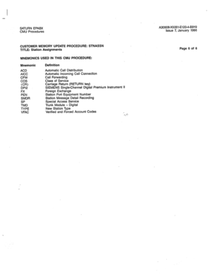 Page 312SATURN EPABX 
CMU Procedures 
CUSTOMER MEMORY UPDATE PROCEDURE: STNASSN 
TITLE: Station Assignments 
MNEMONICS USED IN THIS CMU PROCEDURE: 
Mnemonic 
ACD 
AICC 
CFW 
cos 
(CR) 
DPl2 
FX 
PEN 
SMDR 
SP 
TMD 
TYPE 
VFAC Definition 
Automatic Call Distribution 
Automatic Incoming Call Connection 
Call Forwarding 
Class of Service 
Carriage Return (RETURN key) 
SIEMENS Single-Channel Digital Premium Instrument II 
Foreign Exchange 
Station Port Equipment Number 
Station Message Detail Recording 
Special...