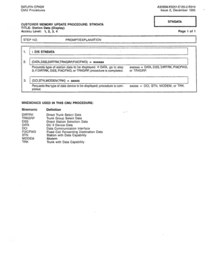 Page 313SATURN EPABX 
CMU Procedures A30808X5051-E120-2-B919 
Issue 2. December 1985 
CUSTOMER MEMORY UPDATE PROCEDURE: STNDATA 
TITLE: 
Station Data (Display) 
Access Level: 1, 2, 3, 4 
STEP NO. PROMPT/EXPLANATION Page 1 of 1 
I 
1. > DIS STNDATA 
I 
2. 
(DATA,DSS,DIRTRK,TRKGRP,FIXCFWD) = aaaaaa 
Requests type of station data to be displayed. If DATA, go to step aaaaaa = DATA, DSS, DIRTRK, FIXCFWD, 
3; if DIRTRK, DSS, FIXCFWD, or TRKGRR procedure is completed. or TRKGRP 
3. 1 (DCI,STN,MODEM,TRK) = aaaaa...