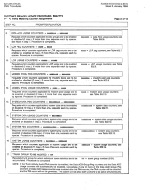 Page 335SATURN EPABX A30808-X5051-E120-3-8919 
CMU Procedures issue 3, January 1986 
CUSTOMER MEMORY UPDATE PROCEDURE: TRAFCTR 
Tl’. 
?: Traffic Metering Counter Assignments 
STEP NO. PROMPT/EXPLANATION Page 2 of 12 
8. DATA ACD USAGE COUNTERS = aaaaaaa . . . aaaaaaa 
Requests which counters applicable to data groups are to be enabled aaaaaaa = data ACD usage counters; see 
or disabled (3 max.). If more than one, separate each by spaces. Table 802.6. 
See Note in step 7. Procedure is completed. 
9. LCR PEG...