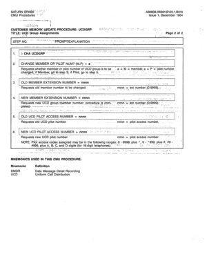 Page 365TITLE: UCD Group Assignments > 
:,:;.Y I.. ‘Page 2 of 2 
” I:+ ,,. I 
STEP NO. -- ‘“~p~c&jpT,ExpLANA~ow ., I.. . . -.. .-- - -. - . . . ., . . - _ __._ ,___ _ ,. 
., ‘_ _ :, 
.__.^. . . _, ,. __... _._ ,. _ 
- 
2. . . _ 
CHANGE MEMBER 0-F.PILOT NUM? (M,P) = a -- -- .- _. 
.-. _ 
3. OLD MEMBER EXTENSION NUMBER = nnnn 
.- -.-- -. . ,.. ._ 
4. NEW MEMBER EXTENSION NUMBER = nnnn 
- ----.- . .-.I.. .- .- - -.. -. “_. .” - ._ _ ,. ___. ^ ,. _,._ ,__ _ 
5. OLD UCD PILOT ACCESS NUMBER = nnnn _. j’ 
._. 
__ .-.--...