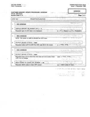 Page 366SATURN EPA&X I t:. .i-:.:.y,. 
CMlJ‘ Procedures :.*‘I..-.PI A30808-X5O~?-~l?q,~E,~~~ - 
issue I, .Decem@! KG4 
,_1. I . . ( 
CUSTOMER MEMORY UPDATE PROCEDURE: UCDSCAN “,.‘I;,.: _,: ,“:,,e‘,,,j ., ,;,I- 
TITLE: UCD Scan ‘:c’ .I.. .,.>,,,, ,..:.. ,.. (.. 
Access Level:.& 4- -... ~ “-... _ .- -.. . .._ _. _. -,. i. _ ‘1:..:‘..~~.. -.,.. -: 
1 of .1  ..,. -. -__.___ _ __._.. _, .., _. .___ ,_- .,._I,:“:‘. 1. ~~+jiIe 
.‘.’ -- . ‘-’ 1 
1. 
2. 
.- . - . . - _ 
i 
) CHA UCDSCAN 
,.J I ‘2 ‘;.“;: ,_’ ; i ,I p 
\:!...