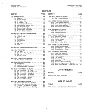 Page 40SATURN EPABX 
JR-DYAD User Instructions 
4 
A30808-X5051-C150-l-B919 
Issue 1, June 1985 
CONTENTS 
SECTION PAGE SECTION PAGE 
1.00 INTRODUCTION .......................... l-l 
1.01 General .............................. l-l 
1.02 Feature Access ........................ l-l 
1.03 To Place a Call ........................ 1-l 
1.04 To Answer a Call. ...................... l-l 
1.05 Automatic Line Preference ............... l-l 
1.06 Discriminating Alerting Tone. ............. l-l 
1.07 Call Progress Tones...