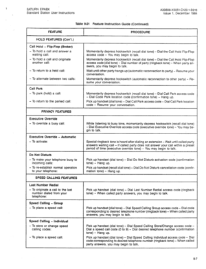 Page 95SATURN EPABX 
Standard Station User Instructions A30808-X5051-C120-l-8918 
Issue 1, December 1984 
Table 9.01 Feature Instruction Guide (Continued) 
FEATURE 
HOLD FEATURES (Con?.) PROCEDURE 
Call Hold - Flip-Flop (Broker) 
- To hold a call and answer a 
waiting call: 
- To hold a call and originate 
another call: 
- To return to a held call: 
- To alternate between two calls: Momentarily depress hookswitch (recall dial tone) - Dial the Call Hold Flip-Flop 
access code - You may begin to talk....