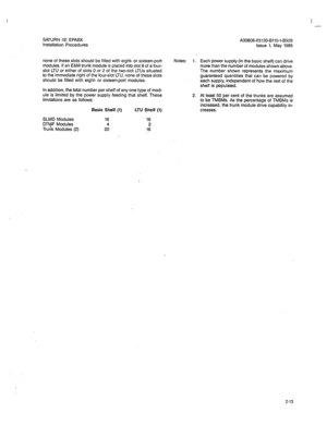 Page 118I 
- 
SATURN IIE EPABX A30608-X5130-8110-l-8928 
Installation Procedures Issue 1, May 1986 
none of these slots should be filled with eight- or sixteen-port 
modules. If an E&M trunk module is placed into slot 6 of a four- 
slot LTU or either of slots 0 or 2 of the two-slot LTUs situated 
to the immediate riqht of the four-slot LTU. none of these slots 
should be filled with eight- or sixteen-port modules. 
In addition, the total number per shelf of any one type of mod- 
ule is limited 
by the power...