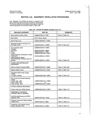 Page 130SATURN IIE EPABX A30808-X5130-8110-l-8928 
installation Procedures Issue 1, May 1986 
SECTION 4.00 EQUIPMENT INSTALLATldN PROCEDURES 
4.01 General. The SATURN IIE System is shipped in kits 
and as individual items according to customer requirements. 
This section contains the necessary information to install the 
various equipment kits and items listed in Table 4.00. 
Table 4.00 SATURN IIE EPABX Orderable Items List 
AVAILABLE EQUIPMENT, PART NO. COMMENTS 
Basic-Cabinet (1lOVac 60Hz) L30808-X5130-Al- *...