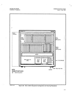 Page 140I 
SATURN IIE EPABX 
A30808-X5130-BllO-l-8928 
installation Procedures 
Issue 1, May 1986 
r-------- 
Basic 
Cabinet 
LTU 
Shelf 
(256 ports) 
I 
I 
I 
I 
I 
I 
I 
I 
I 
I 
I 
I 
L----,. 
NOTE: 
Shaded area shows items 
equipped in Main Cabinet. 
0 optional equipment t ’ 318” 
Leveler  Power System Unit Basic 
Shelf 
(224 ports) 
5%” FD DRIVE 
Plain Hex Nut 
Si 
A49631-3127166 Figure 4.06 Basic Cabinet Equipment Configuration and Securing Procedures 
4-11  