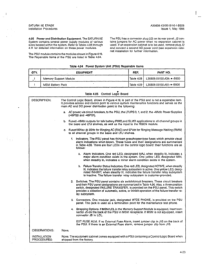 Page 152SATURN IiE EPABX 
Installation Procedures A30808-X5130-BllO-l-8928 
issue 1, May 1986 
4.05 Power and Distribution Equipment. The SATURN IIE 
System contains several power supply modules of various 
sizes located within the system. Refer to Tables 4.06 through 
4.11 for detailed information on these power modules. The PSU has a connector plug (J2) on its rear panel, J2 con- 
tains jumpers for AC power when no expansion cabinet is 
used. If an expansion cabinet is to be used, remove plug J2 
and connect a...