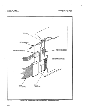 Page 167I I 
- 
SATURN HE EPABX 
Installation Procedures A30808-X513043110-143928 
Issue 1, May 1986 
TERMINAL 
GROUND WIRE E8 
CONNECTOR J2 , I 
PCB MOUNTING SURFACE 
SIGNAL SIGNAL 
CONNECTOR Jl CONNECTOR j 
Figure 4.25 Floppy Disk Drive (FDD) Module (Connector Locations) 
4-38  