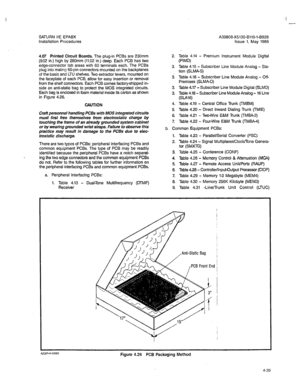 Page 168SATURN IIE EPABX 
Installation Procedures 
4.07 Printed Circuit Boards. The plug-in PCBs are 230mm 
(9.02 in.) high by 280mm (11.02 in.) deep. Each PC6 has two 
edge-connector tab areas with 60 terminals each. The PCBs 
plug into mating 60-pin connectors mounted on the backplanes 
of the basic and LTU shelves. Two extractor levers, mounted on 
the faceplate of each PCB, allow for easy insertion or removal 
from the shelf connectors. Each PCB comes factory-shipped in- 
side an anti-static bag to protect...