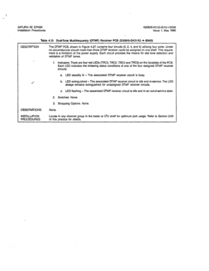 Page 169SATURN IIE EPABX A3O808-X5130-B110-1-8928 
Installation Procedures Issue 1, May 1986 
Table 4.13 Dual-Tone Multifrequency (DTMF) Receiver PCB (S30810-(2431-X2- * -B900) 
DESCRIPTION The DTMF PCB, shown in Figure 4.27, contains four circuits (0, 2, 4, and 6) utilizing four ports. Under 
no circumstances should more than three DTMF receiver cards be assigned on one shelf. This require- 
ment is a limitation of the power supply. Each circuit provides the means for dial tone detection and 
validation of DTMF...