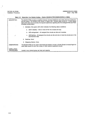 Page 173SATURN HE EPABX A3O808-X5130-f3110-1-B928 
Installation Procedures Issue 1, May 1986 
I Table 4.15 Subscriber Line Module Analog - Station (SLMA-S) PCB (S30810-Q1674-X- * -B900) 
I 
DESCRIPTION: 
OBSERVATIONS: 
INSTALLATION 
PROCEDURES: The SLMA-S PCB provides an interface between standard telephone sets (rotary dial and pushbutton) 
and the system. The SLMA-S PCB, shown in Figure 4.29 , contains eight circuits (0 - 7) and utilizes 
eight ports. Each circuit provides the required supervisory signaling...