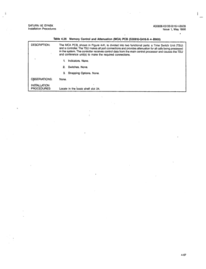 Page 196SATURN HE EPABX 
A30808-X5130-BllO-l-8928 
Installation Procedures Issue 1, May 1986 
, I 
Table 4.26 Memory Control and Attenuation (MCA) PCB (S30810-Q416X*-8900) 
DESCRIPTION: The MCA PCB, shown in Figure 4.41, is divided into two functional parts: a Time Switch Unit (TSU) 
and a controller. The TSU makes all port connections and provides attenuation for all calls being processed 
in the system. The controller receives control data from the main central processor and causes the TSU 
and conference...