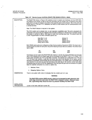 Page 198I 
- I 
- 
SATURN IIE EPABX A30808-X5130-BllO-l-6928 
Installation Procedures Issue 1, May 1986 
IESCRIPTION: 
. Table 4.27 Remote Access Unit/Ports (RAUP) PCB (S30810-Q1792X * -8900) 
The RAUP PCB, shown in Figure 4.42, contains a built in modem and interfaces with the CIOP MCA 
and MEM for the transfer of data to and from terminals and the modem port. It supports three serial 
ports which can be connected to any device tha! supports serial communication. Two of the ports are 
RS232 type for TTY0 and...