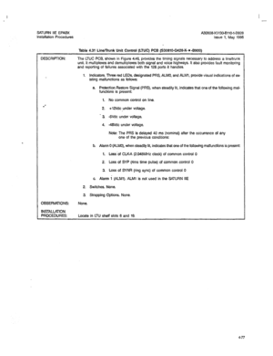 Page 206I 
- 
SATURN IIE EPAEX A30808-X5130-8110-l-8928 
Installation Procedures Issue 1, May 1986 
Table 4.31 Line/lhmk Unit Control (LTUC) PCB (S30810-Q428-X- * -8900) 
DESCRIPTION: The LTUC PCB. shown in Figure 4.46, provides the tim.ing signals necessary to address a line/trunk 
unit. It multiplexes and demultiplexes both signal and voice highways. It also provides fault monitoring 
and reporting of failures associated with the 128.ports it handles. 
1. Indicators. Three red LEDs, designated PRS, ALMO, and...