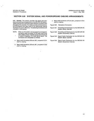 Page 210- I 
- 
SATURN HE EPABX A30808-X5130-BllO-l-6928 
Installation Procedures Issue 1, May 1988 
SECTION 5.00 SYSTEM SIGNAL AND POWER/GROUND CABLING ARRANGEMENTS 
5.01 General. This section provides the signal and pow- 
er/ground-cabling arrangements for the SATURN IIE System. 
Tables 5.00 and 5.01 list all the cable reference numbers used 
throughout this practice. The tables provide point-to-point ca- 
ble terminations and refer users to the appropriate cabling 
illustration for quick reference. The...