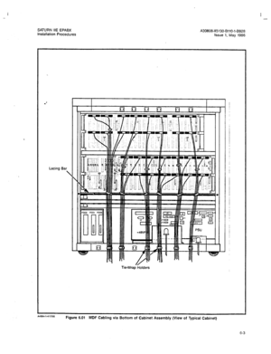 Page 219I 
- I 
- 
SATURN IIE EPABX 
A30808-X5130-6110-1-8928 
installation Procedures 
Issue 1, May 1986 
Lacil ig Bar 
 
I I II O’ II II ‘. 
II II II II I I 
Tie-Wrap Holders 
Figure 6.01 MDF Cabling via Bottom of Cabinet Assembly (View of Typical Cabinet) 
6-3  