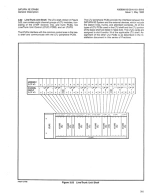 Page 24SATURN IIE EPABX 
General Description A30808-X5130-AllO-l-8918 
Issue 1, May 1986 
3.02 Line/Trunk Unit Shelf. The LTU shelf, shown in Figure 
3.03, can contain eight channel groups of LTU modules, con- 
sisting of the DTMF receiver, line, and trunk PCBs, two 
LineiTrunk Unit Control (LTUC) PCBS, and an LTUPS. 
The LTUCs interface with the common control area in the bas- 
ic shelf and communicate with the LTU peripheral PCBs. The LTU peripheral PCBs provide the interface between the 
SATURN IIE System...
