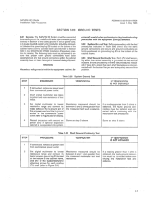 Page 234SATURN IIE EPABX A30808-X5130-B120-l-8928 
Installation Test Procedures 
issue 1. May 1986 
3.01 General. The SATURN HE System must be connected 
to an earth ground (i.e., metallic cold water pipe or master ground 
busbar) in addition to the safety ground in the ac power cord. 
A G-gauge (twisted copper wire) conductor should be connect- 
ed between the grounding lug E5 located on the bottom of the 
cabinet frame and the snlccted earth ground (refer to Section 
3.00 in the SATURN HE EPABX Installation...