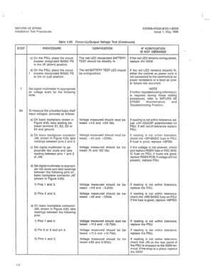 Page 238SATURN IlE EPABX 
Installation Test Procedures A30808-X5130-8120-1-8928 
issue 1, May 1986 
Table 4.00 Power-Up/Output Voltage 
Test (Continued) 
SE? 
PROCEDURE VEfiIFICATION IF VERIFICATION 
IS NOT OBTAINED 
c) On the PSU, place the circuit The red LED designated BATTERY If the red LED remains extinguished, 
breaker designated BASIC PS TEST.should be steadily lit. replace the MSM. 
in the off (down) position. 
The red BATTERY TEST LED should 
1 d) On the PSU, place the circuit If the red LED remains...