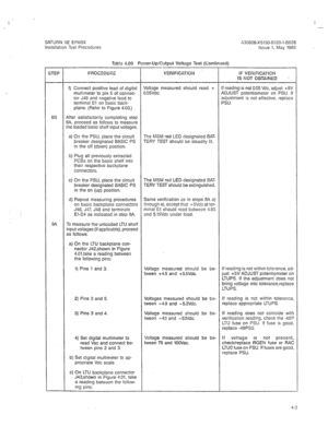 Page 239I 
- 
SATURN IIE EPABX 
Installation Test Procedures A3G808-X5130-B120-1-B928 
Issue 1, May 1986 
lbb!c 4.00 Power-Up/Output Voltage Test (Continued) 
STEP FROCEDUEE VERIFICATION IF VERIFICATION 
IS NOT OBTAINED . 
f) Connect positive lead of digital Voltage measured should read + If reading is not 0.05 Vdc, adjust +5V 
multimeter to pin 5 of connec- 0.05Vdc. ADJUST potentiometer on PSU. If 
tor J48 and negative lead to adjustment is not effective, replace 
terminal El on basic back- PSU. 
plane. (Refer...