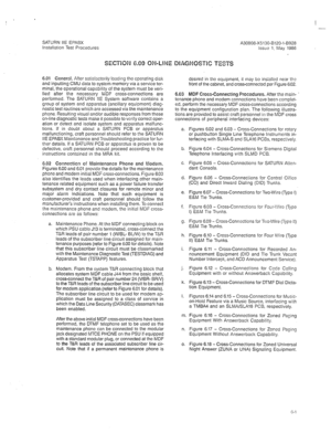 Page 249SATURN IIE EPABX 
A30808-X5130-BlZO-l-8920 
Installation Test Procedures Issue 1. May 1986 
6.01 General. After satisfactorily loading the cperating disk 
and inputting CMU data to system memory via a service ter- 
minal, the operational capability of the system must be veri- 
fied after the necessary MDF cross-connections are 
performed. The SATURN IIE System software contains a 
group of system and apparatus (ancillary equipment) diag- 
nostic test routines which are accessed via the maintenance...