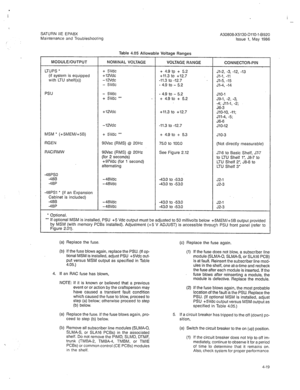 Page 331SATURN IIE EPABX 
Maintenance and Troubleshooting 
- 
A30808-X5130-DllO-l-8920 
Issue 1, May 1986 
Table 4.05 Allowable Voltage Ranges 
MODULE/OUTPUT NOMINAL VOLTAGE 
VOLTAGE RANGE CONNECTOR-PIN 
LTUPS 
l + 5Vdc 
+ 4.9 tp + 5.2 Jl-2, -3, -12, -13 
(if system is equipped + 12Vdc 
+11.3 to +12.7 Jl-1, -11 
with LTU shelf(s)) -12Vdc -11.3 to -12.7 Jl-5, -15 
- 5Vdc - 4.9 to - 5.2 Jl-4, -14 
PSU - 5Vdc - 4.9 to - 5.2 JlO-1 
+ 5Vdc 
l * * + 4.9 to f 5.2 J9-1, -2, -3, 
:4; Jll-1, -2; 
J6-3 
+ 12Vdc +11.3 to...