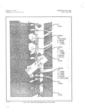 Page 336A30808-X5130-DllO-l-8920 
Issue 1, May 1986 
El 
+5Vdc 
J46IP46 
Pin 
1 RAC/RMW 
2 Ground 
3 -48Vdc 
(-48P) 
J47IP47 
Pin 
1 -5Vdc 
2 -48Vdc 
(-488) 
3 Ground 
4 Ground 
E2 
+ 5Vdc 
J48lP48 
Pin 
1 -12Vdc - 
2 +12Vdc 
3 +12Vdc 
4 Ground 
5 +5Vdc (a5B) 
’ E3 
-i- 5Vdc 
’ E4 
+5Vdc 
Figure 4.02 Basic Shelf Backplane Power Connections  