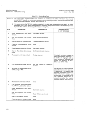 Page 348SATURN IIE EPABX 
Maintenance and Troubleshooting A30808-X5130-DllO-l-8920 
Issue 1, May 1986 
Table 4.13 Station Line Test 
NOTES: 1. If the system option flag TSTDIAG has been enabled in the data base or the.station under test is class-marked 
with the TSTAPP feature, the maintenance test phone is not required to enable or disable the Apparatus Diag- 
nostic -Test routines; therefore, perform steps 5 through 10. 
2. If the system option flag TSTDIAG has been disabled in the data base or the station...