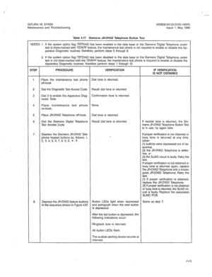 Page 355SATURN IIE EPABX 
Maintenance and Troubleshooting A30808-X5130-DllO-l-6920 
issue 1, May 1986 
Table 4.17 Siemens JR-DYAD Telephone Button Test 
NOTES: 1. If the svstem option flaa TSTDIAG has been enabled in the data base or the Siemens Diaital Teleohone under 
test is class-marked with TSTAPP feature, the maintenance test phone is not required to enaTble or disable the Ap- 
paratus Diagnostic routines; therefore, perform steps 5 through 9. 
2. If the system option flag TSTDIAG has been disabled in the...