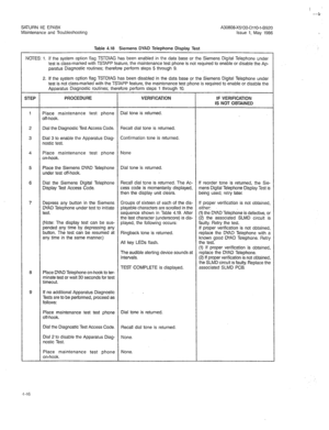 Page 358--). 
SATURN IIE EPABX A30808-X5130-DllO-l-8920 
Maintenance and Troubleshooting Issue 1, May 1986 
Table 4.18 Siemens DYAD Telephone Display Test 
NOTES: 1. If the system option flag TSTDIAG has been enabled in the data base or the Siemens Digital Telephone under 
test is class-marked with TSTAPP feature, the maintenance test phone is not required to enable or disable the Ap 
paratus Diagnostic routines: therefore perform steps 5 through 9. 
2. If the system option flag TSTDIAG has been disabled in the...