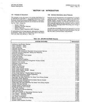 Page 66SATURN IIE EPABX 
A30808-X5130-A120-l-8918 
Feature Descriptions 
Issue 1, May 
1986 
SECTION 1.00 INTRODUCTION 
1.01 Purpose of Document 
The purpose of this document is to provide descriptions of 
all SATURN IIE (SATURN II - Expanded) Electronic Private 
Automatic Branch Exchange (EPABX) features. In this docu- 
ment, these SATURN IIE features are divided into the follow- 
ing four major categories: 
- System Features 
- Attendant Console Features. 
- Station Features 
- Siemens Digital Telephone (SDT)...