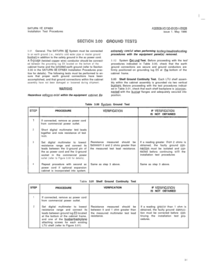 Page 12SATURN IIE EPABXA30808-X5130-B120-l-8928Installation Test Procedures
issue 1. May 1986
3.01General. The SATURN HE System must be connectedto an earth ground (i.e., metallic cold water pipe or master groundbusbar) in addition to the safety ground in the ac power cord.
A G-gauge (twisted copper wire) conductor should be connect-ed between the grounding lug E5 located on the bottom of thecabinet frame and the snlccted earth ground (refer to Section
3.00 in the SATURN HE EPABX Installation Procedures prac-...
