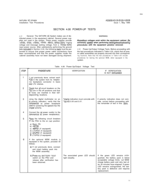 Page 15I-_SATURN 
IIE EPABX
installation Test ProceduresA30808-X5130-BlZO-l-8928Issue 1, May 1986
SECTION 4.00 POWER-UP TESTS
4.01General. The SATURN IIE System makes use of dis-
tributed power in the equipment cabinet. Several power sup-
plies are used in the system. These power supplies provide
+5Vdc, -SVdc, +12Vdc, -12Vdc, -48Vdc, 90Vac-20Hz ringing
voltage and message waiting voltage, from a 11OVac 60Hzinput power source. After satisfactorily performing the ground
tests 
indicaied in Section 3.00, the...